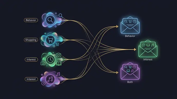 Email segmentation workflow showing customer groups and tailored email messages