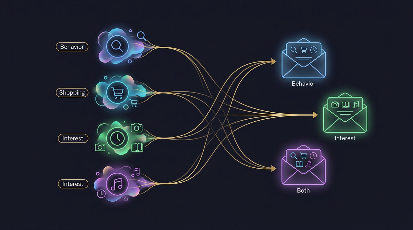 Email segmentation workflow showing customer groups and tailored email messages