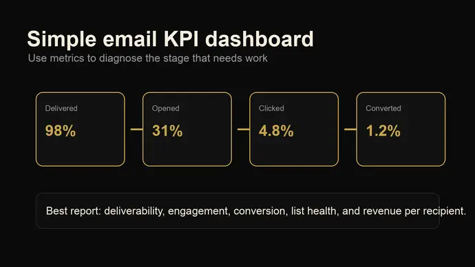 Email marketing metrics dashboard showing delivered, opened, clicked, and converted stages