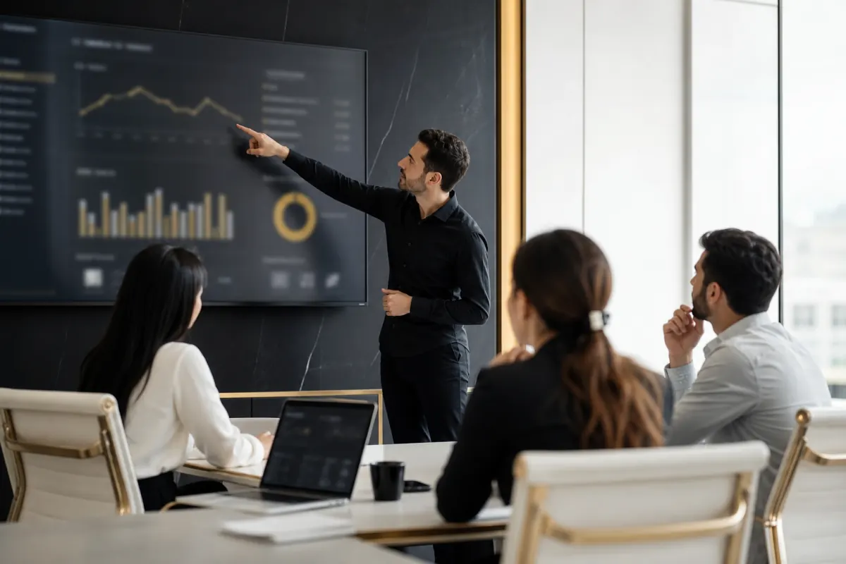 Marketing team reviewing advertising efficiency and campaign cost trends