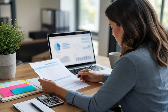 Marketing budget planning worksheet beside a laptop and calculator