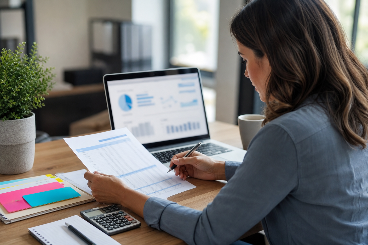 Marketing budget planning worksheet beside a laptop and calculator