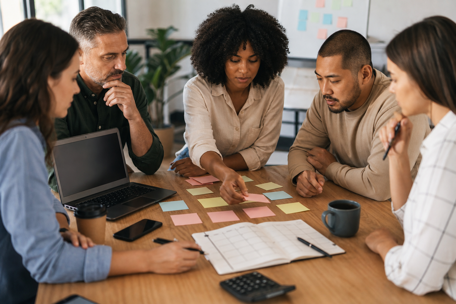 Marketing team planning campaign spend with laptop calendar and notes