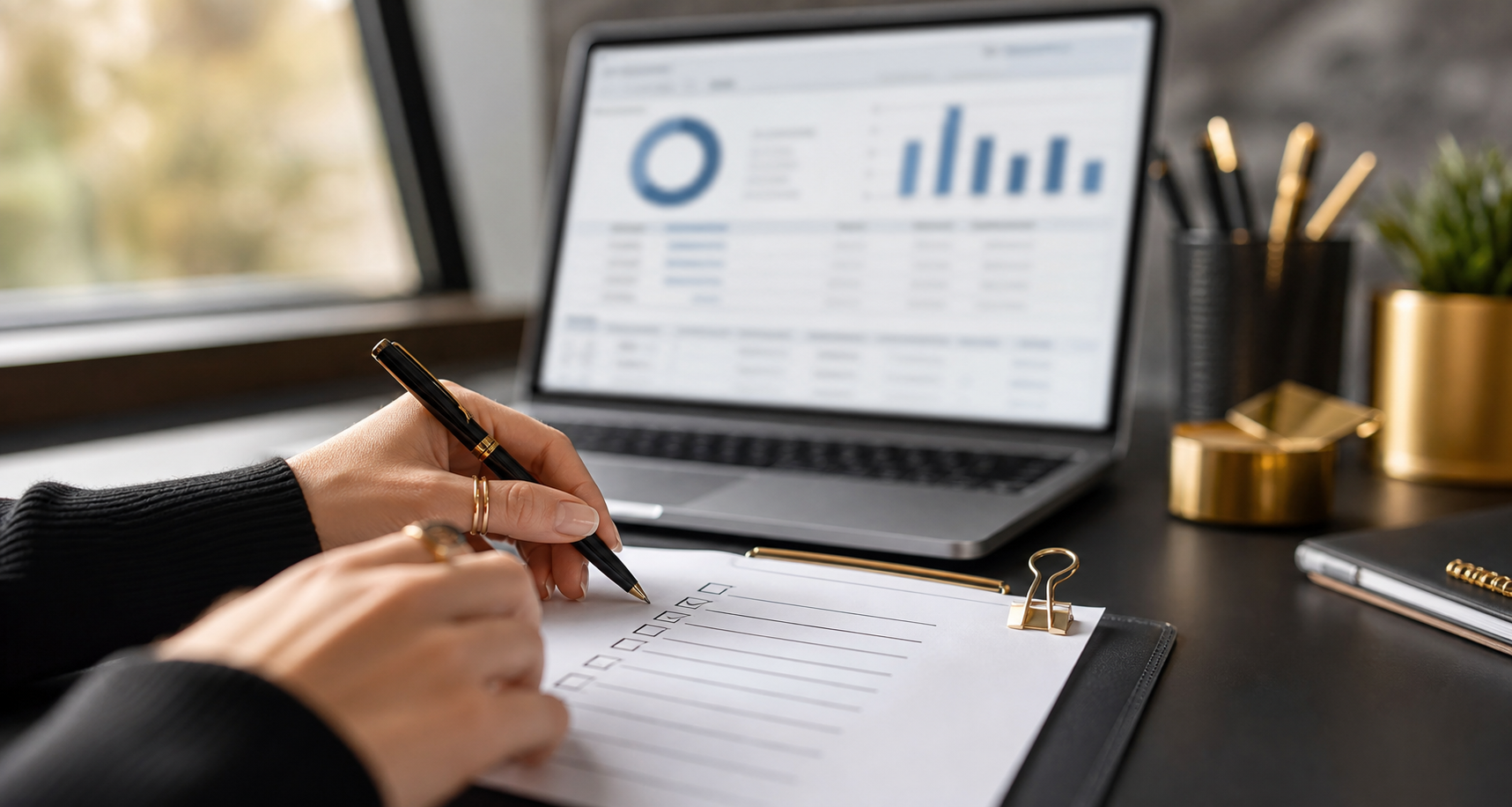 Monthly SEO reporting checklist beside an analytics dashboard