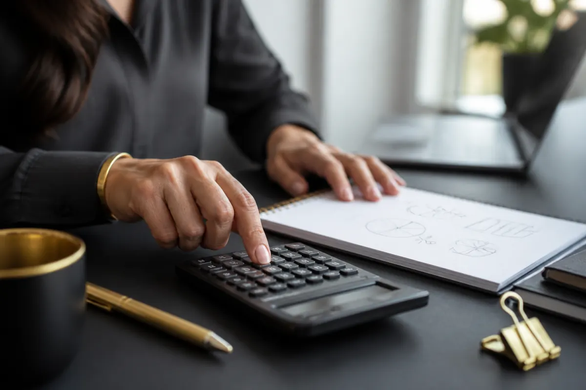 Marketing analyst using a calculator to work out click-through rate