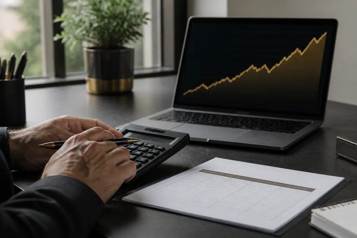 Marketer calculating organic search return using a laptop and calculator