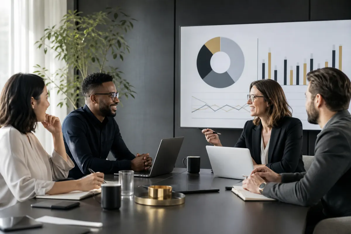Marketing team reviewing an SEO performance report and return on investment