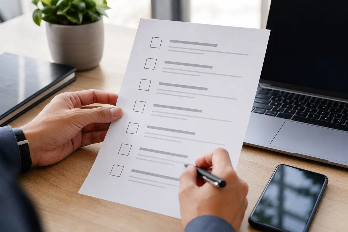 Employee reviewing a workplace social media policy checklist beside a phone and laptop