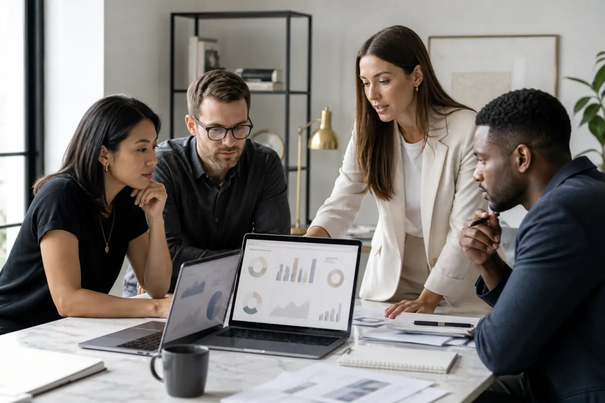 Marketing team reviewing campaign acquisition costs