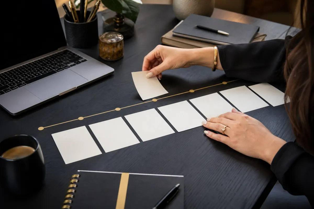 Marketer planning a seven-step email nurture sequence on a desk