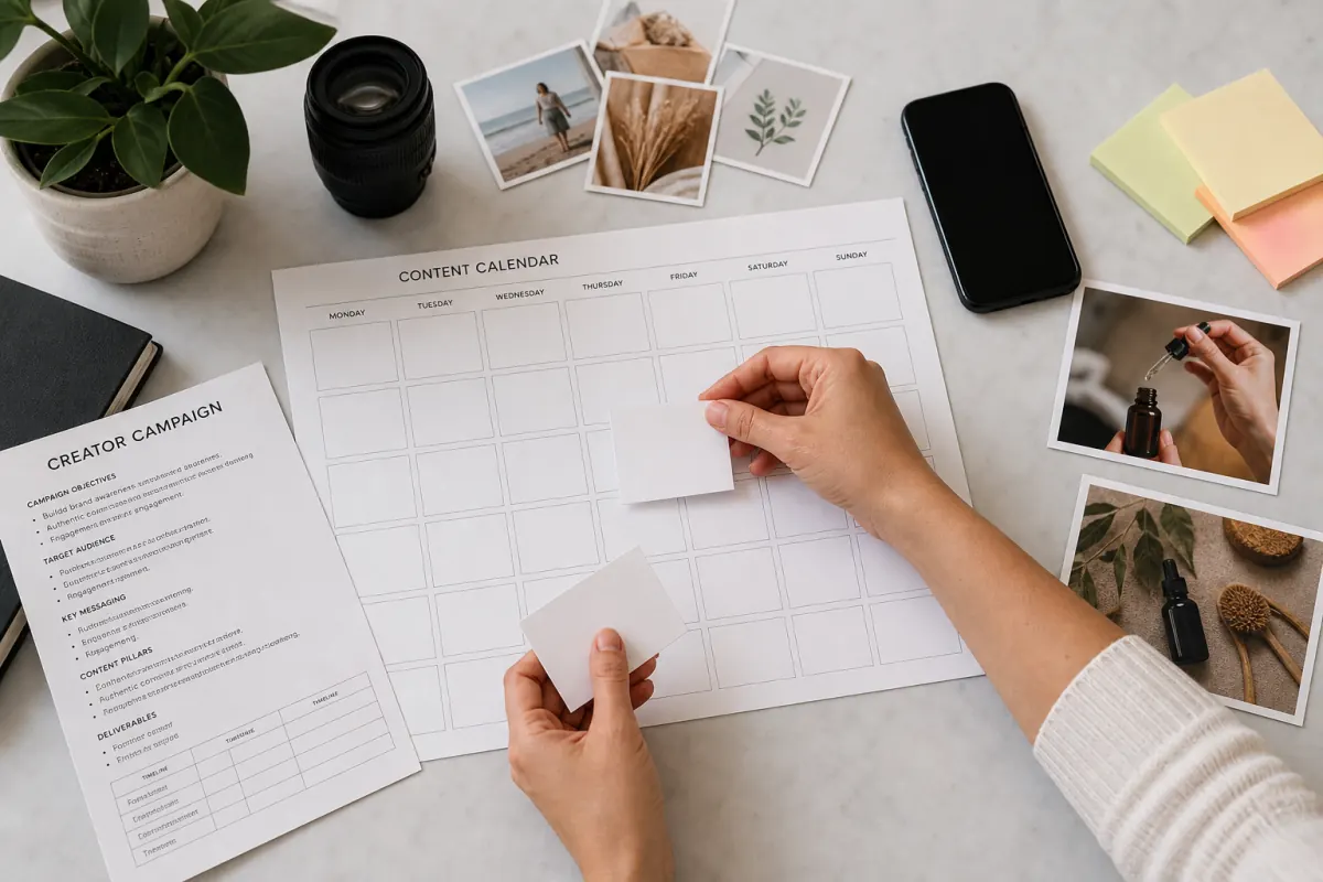 Campaign planning materials arranged for an influencer brief
