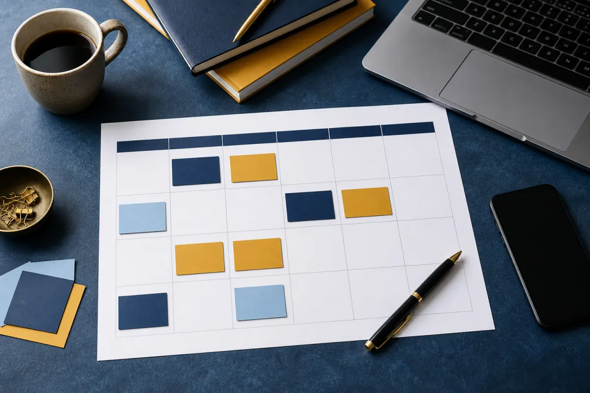 Weekly LinkedIn posting schedule planned on a desk calendar