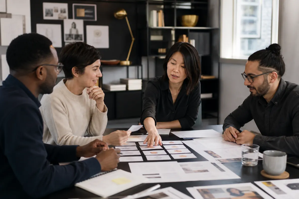 Business team organizing customer insights during a research findings workshop