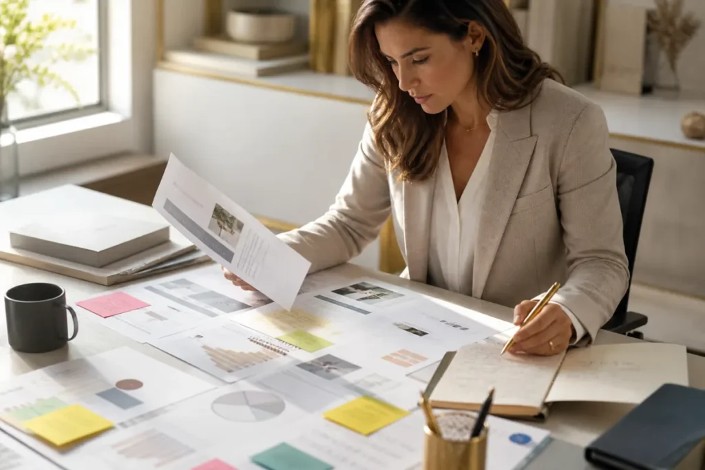 Market research report template workspace with survey findings and customer insight notes