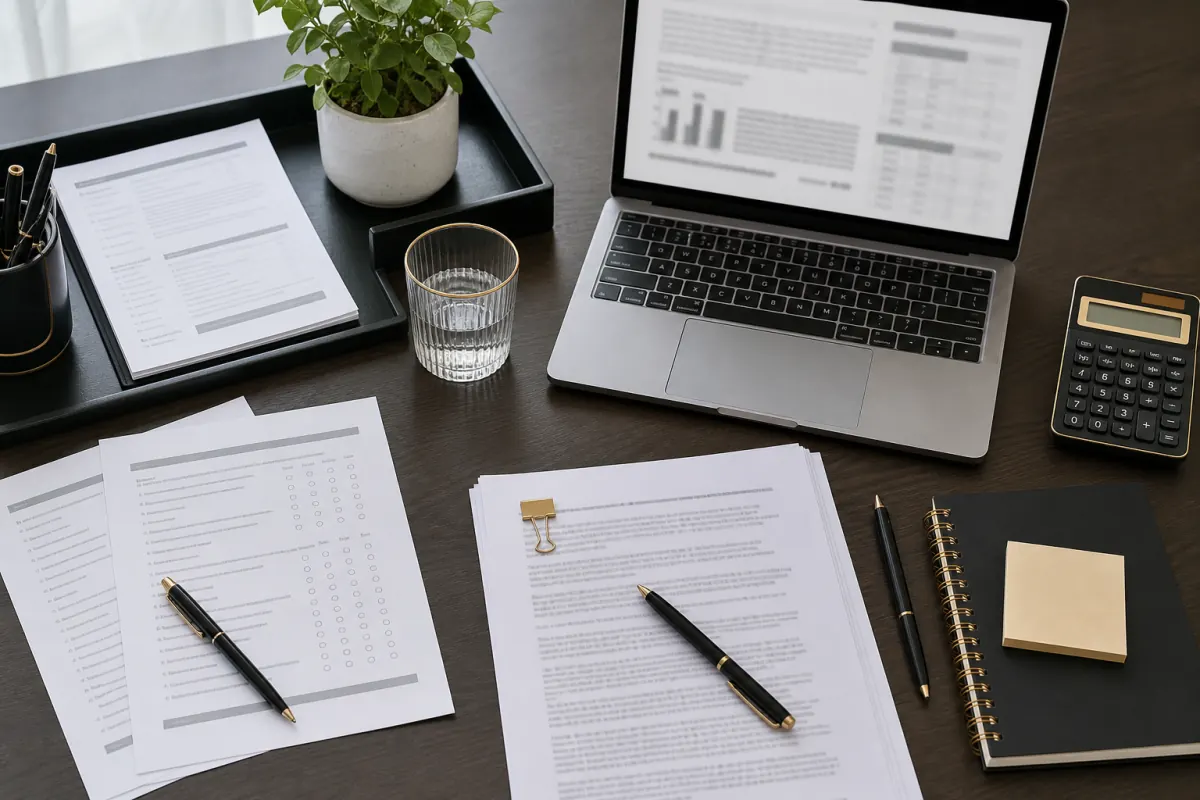 Organized survey forms and interview notes used for market research
