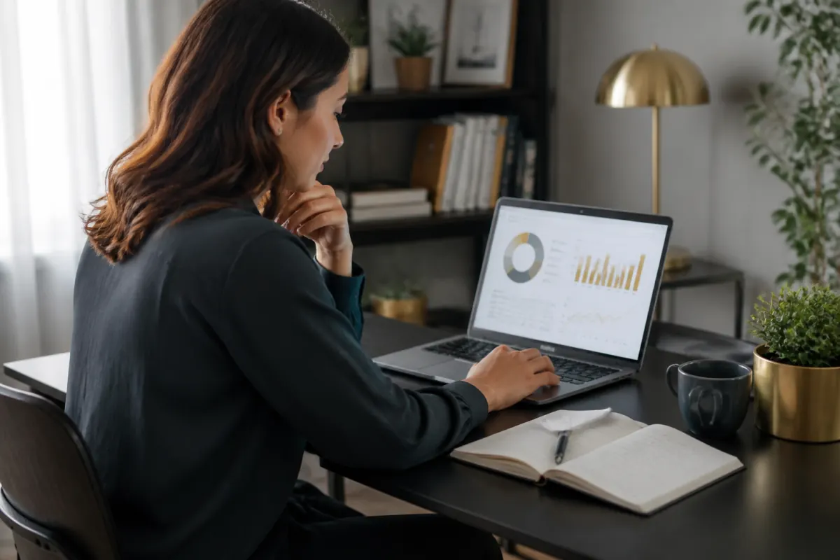 Marketing specialist reviewing a newsletter performance report at a desk