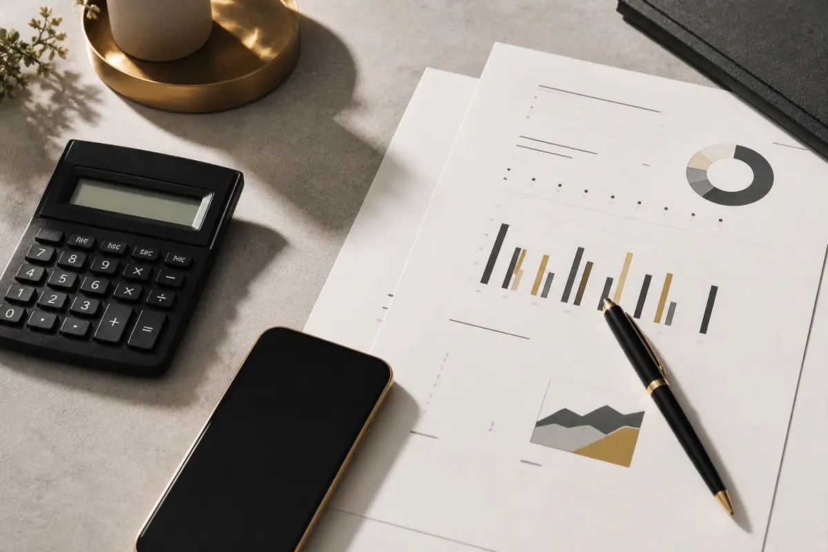 Calculator and advertising budget worksheet used to calculate ROAS