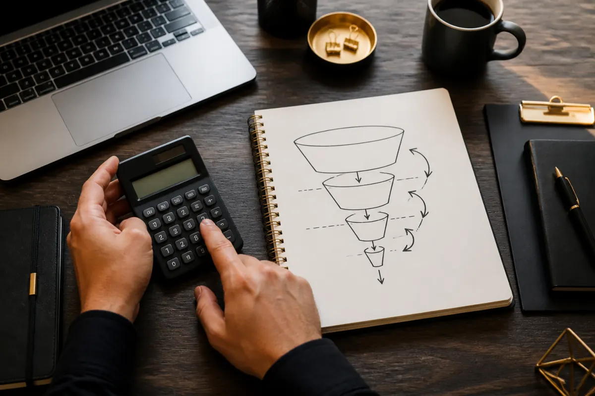 Person using a calculator to plan sales funnel conversion targets