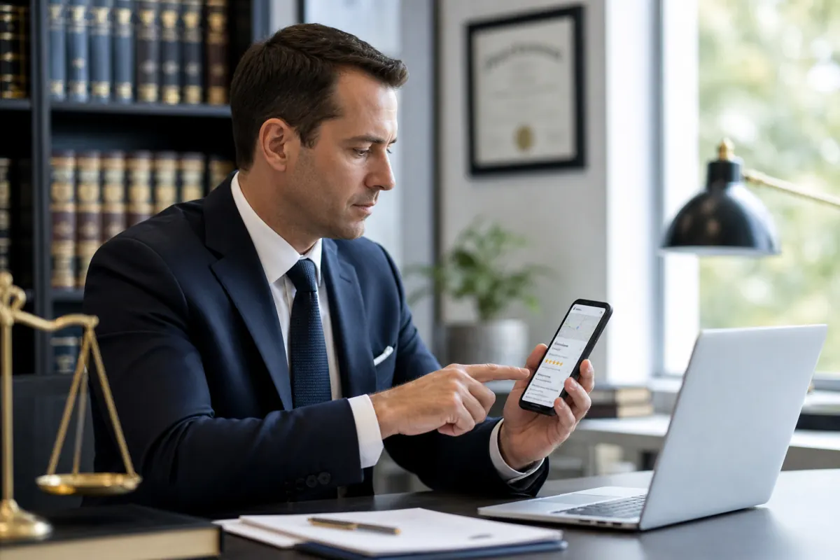 Attorney reviewing local search visibility and client reviews