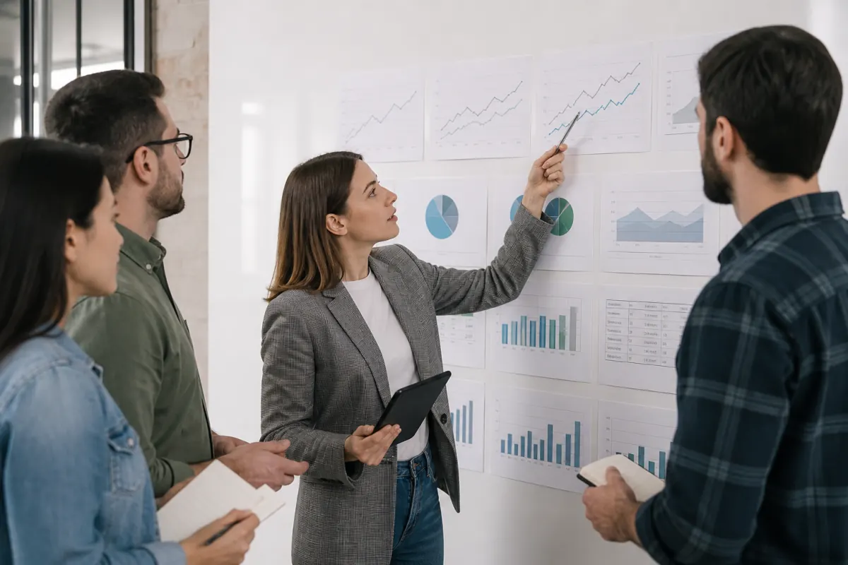 Marketing team reviewing multiple SEO growth forecast scenarios