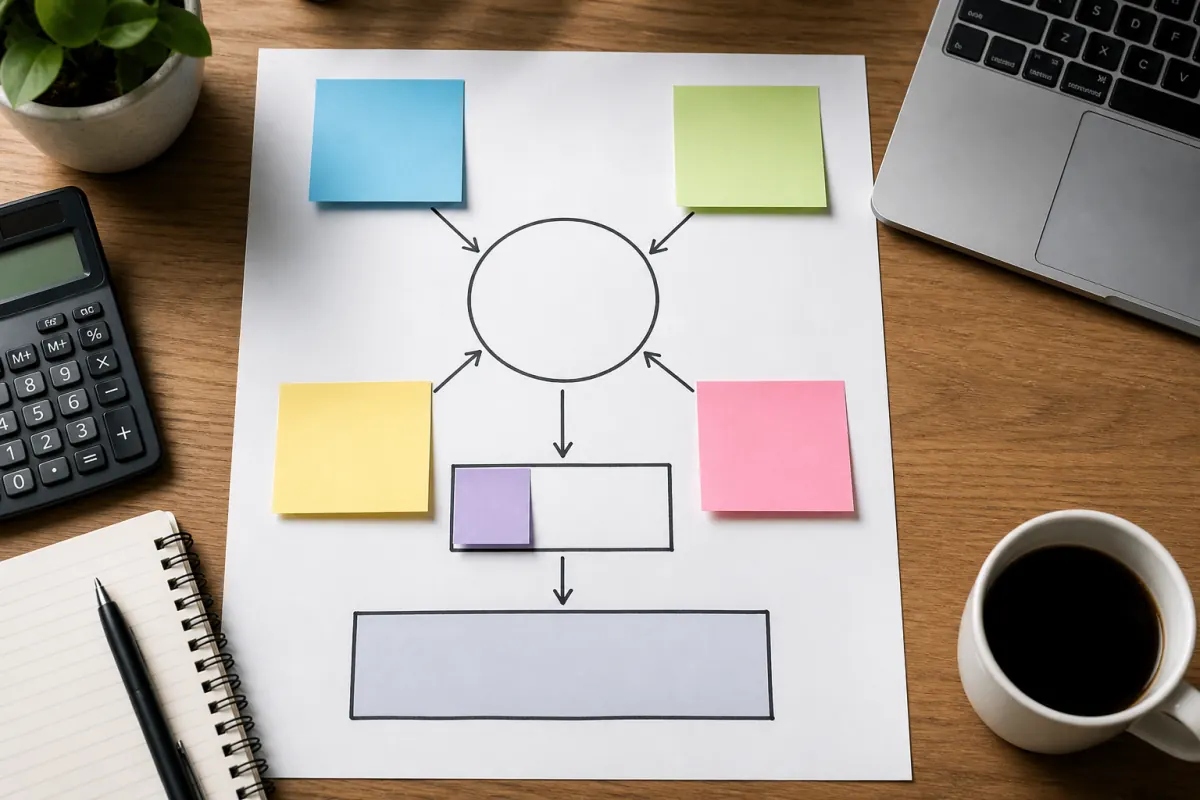 Planning flow with calculator, laptop, sticky notes, and notebook