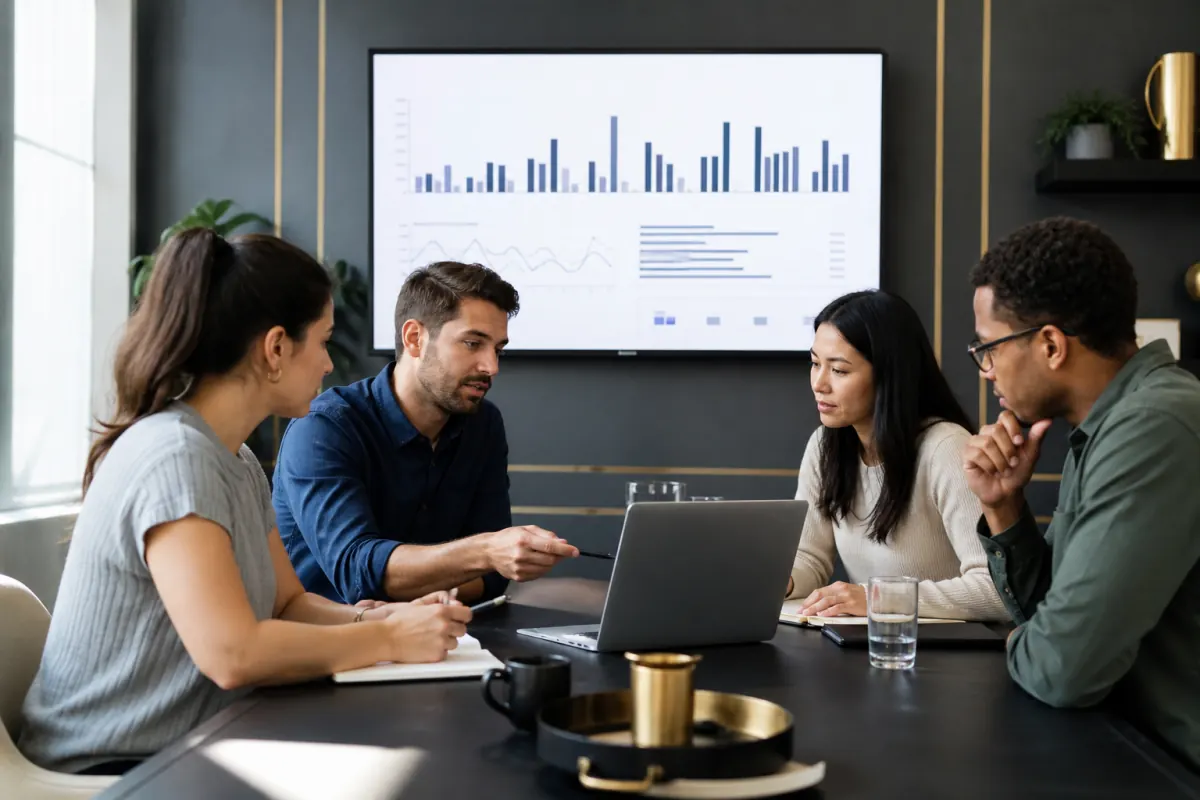 Marketing team reviewing share of voice performance by channel