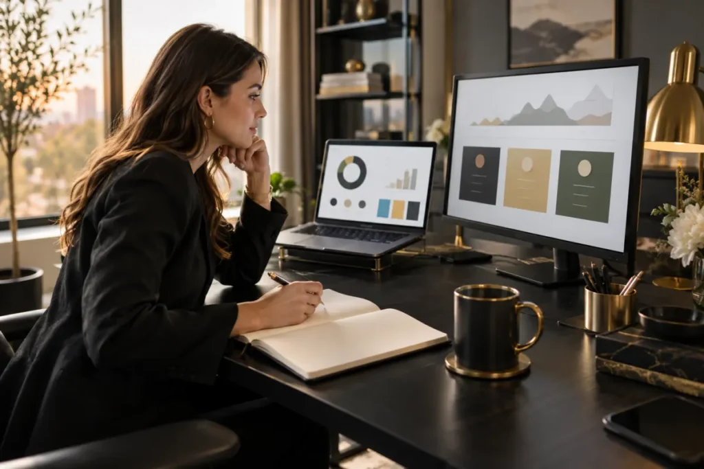Marketing analyst reviewing a competitive analysis dashboard