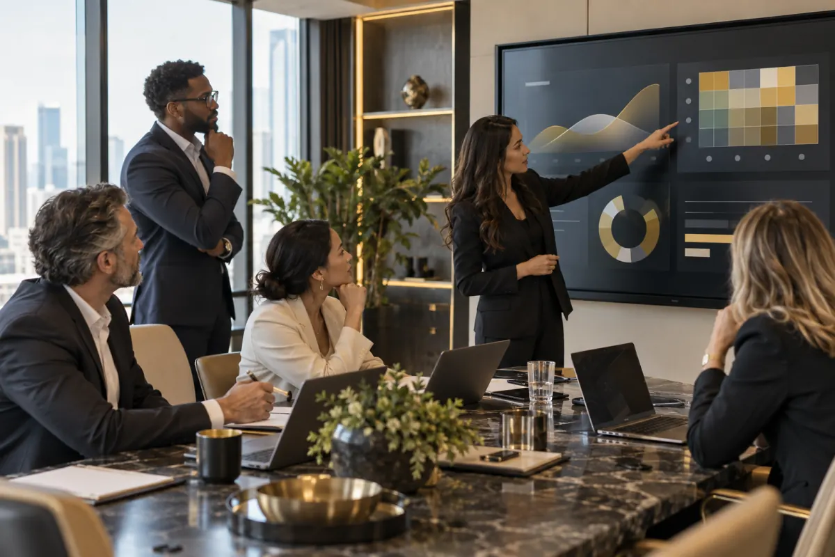 Marketing team reviewing competitive analysis dashboard findings