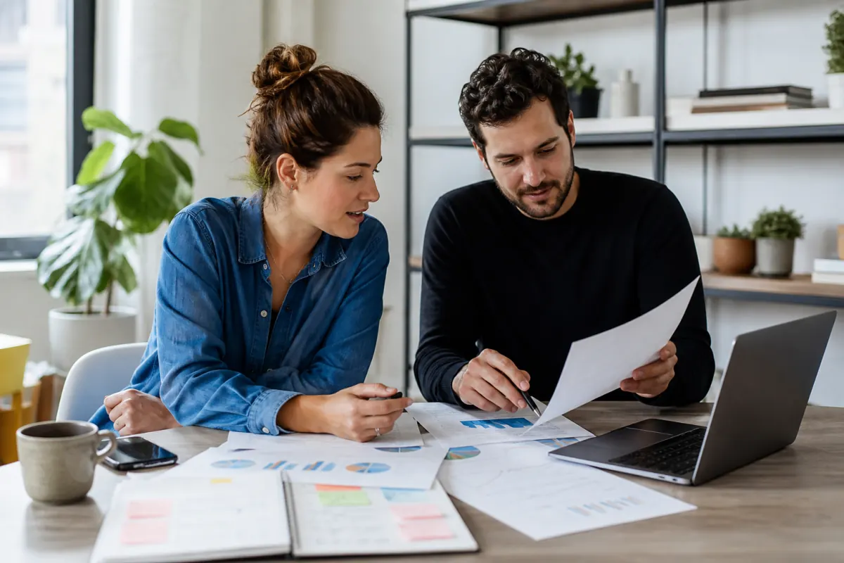 Content marketing planning session with reports and editorial notes