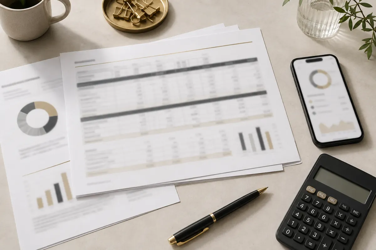 Media planning sheets, calculator, and phone on a desk