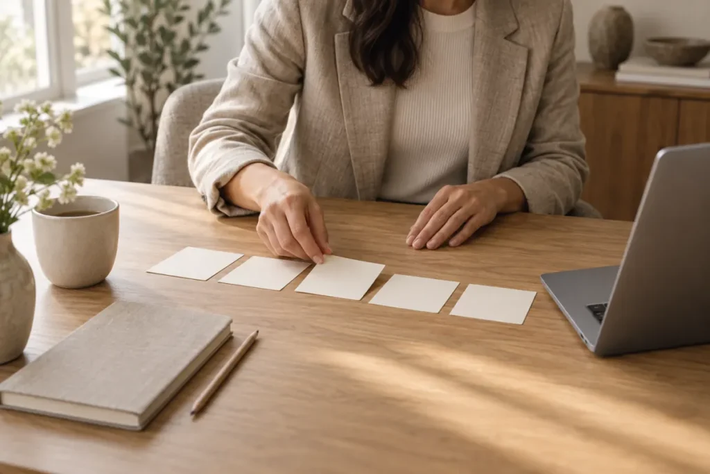 Professional planning blank carousel cards at a desk