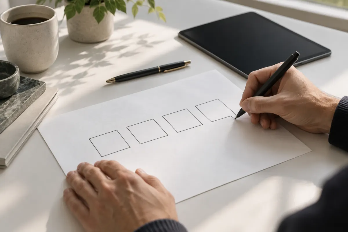 Blank paper cards arranged in a sequence for planning a LinkedIn carousel