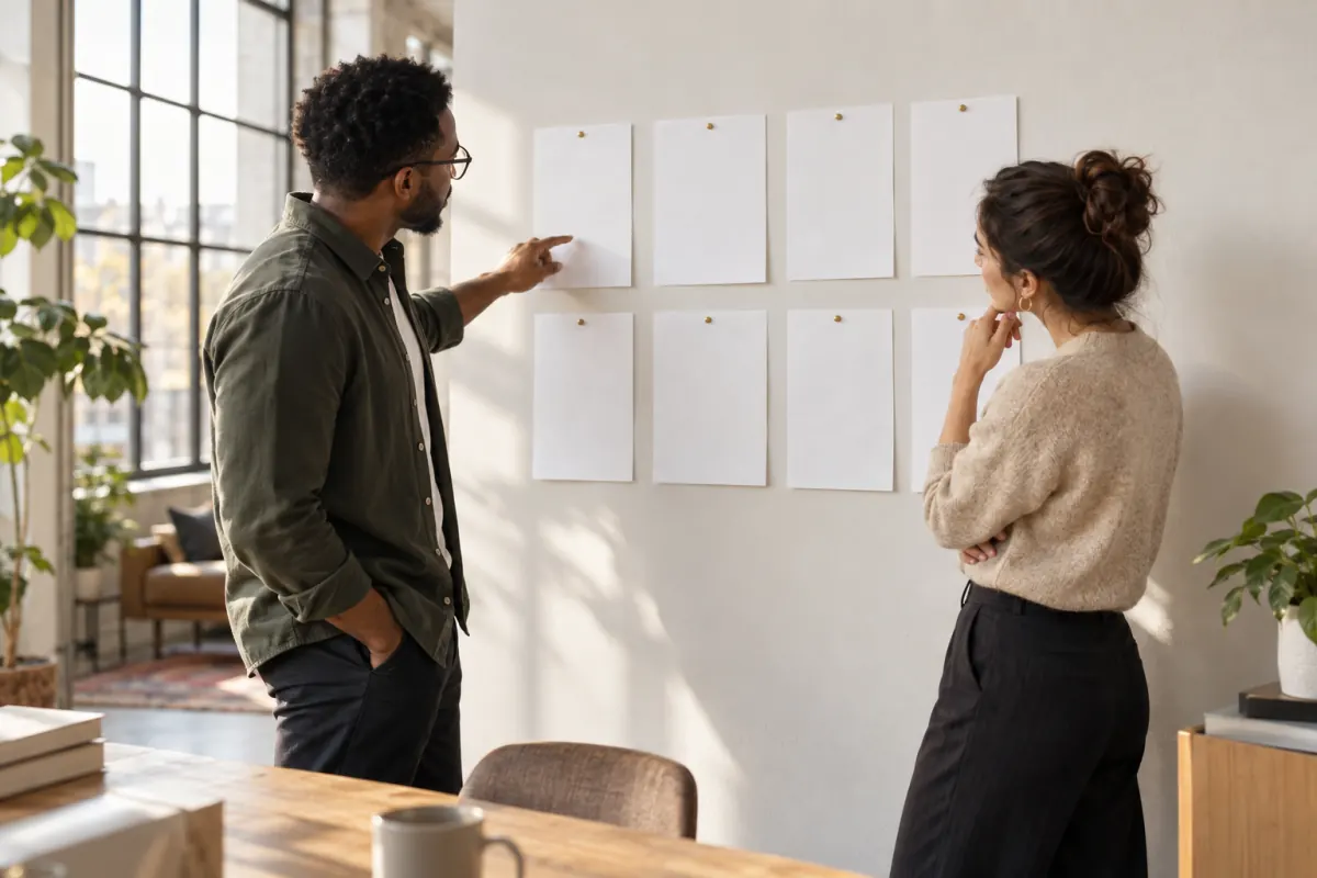 Marketing team reviewing a simple sequence of blank slide layouts on a desk