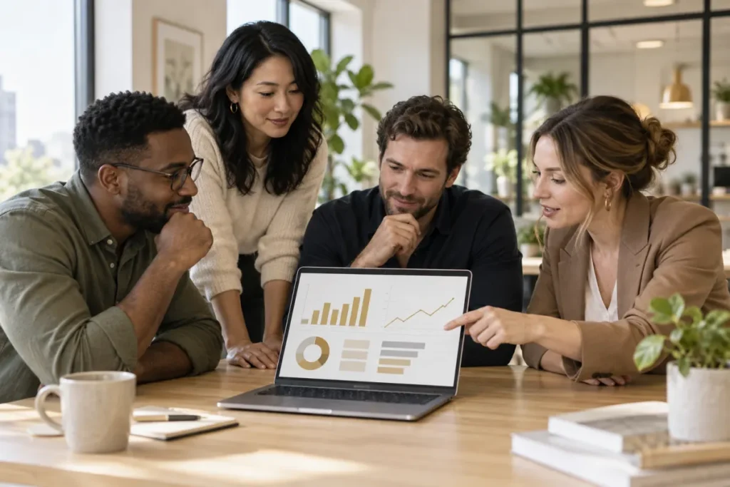 Marketing team reviewing dashboard examples