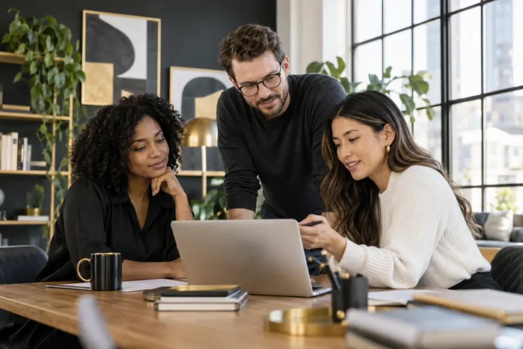 Marketing team reviewing funnel performance on a laptop