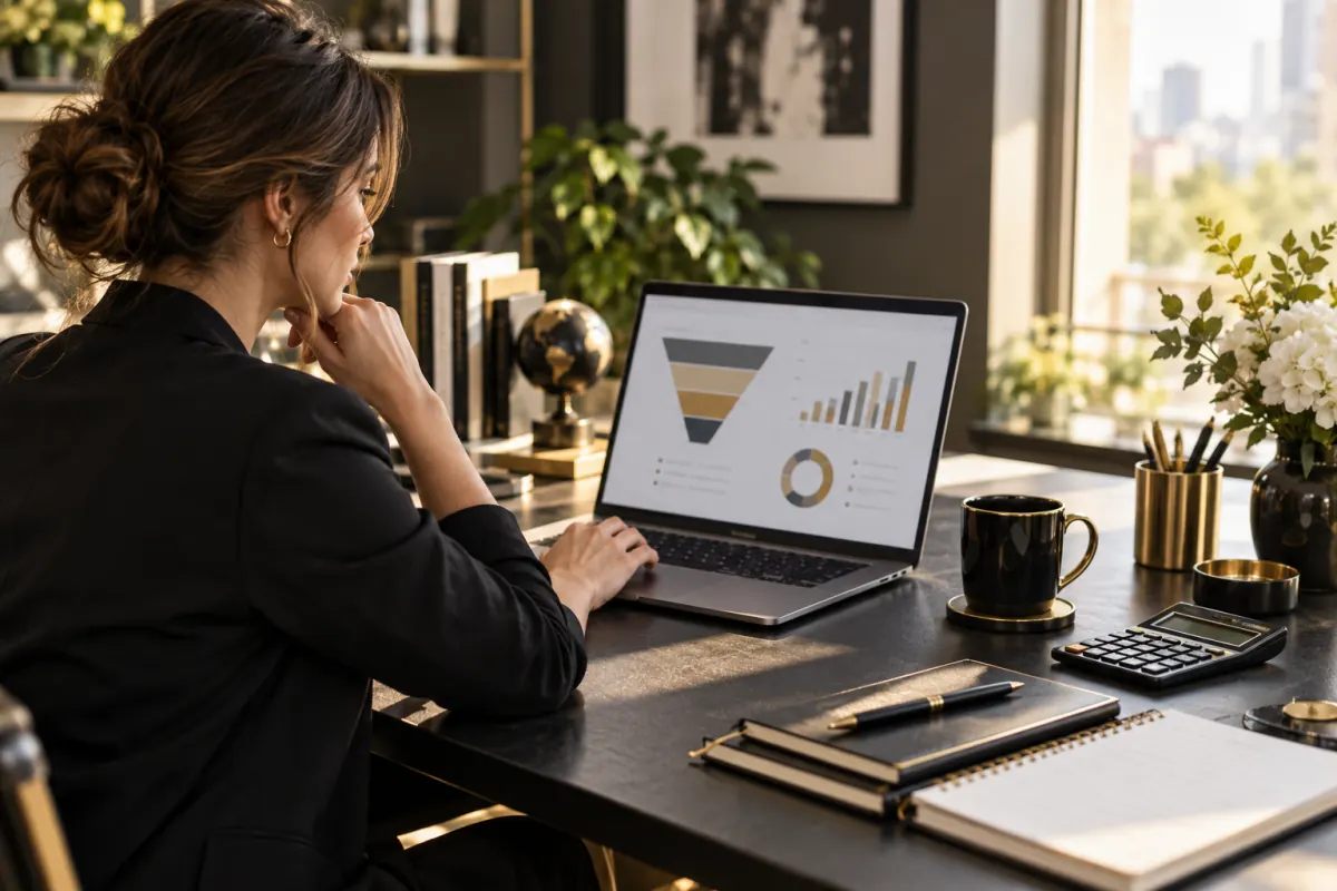 Marketing analyst reviewing a funnel dashboard and campaign metrics