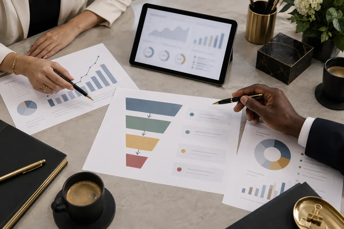 Analysts mapping marketing funnel stages with charts and reports