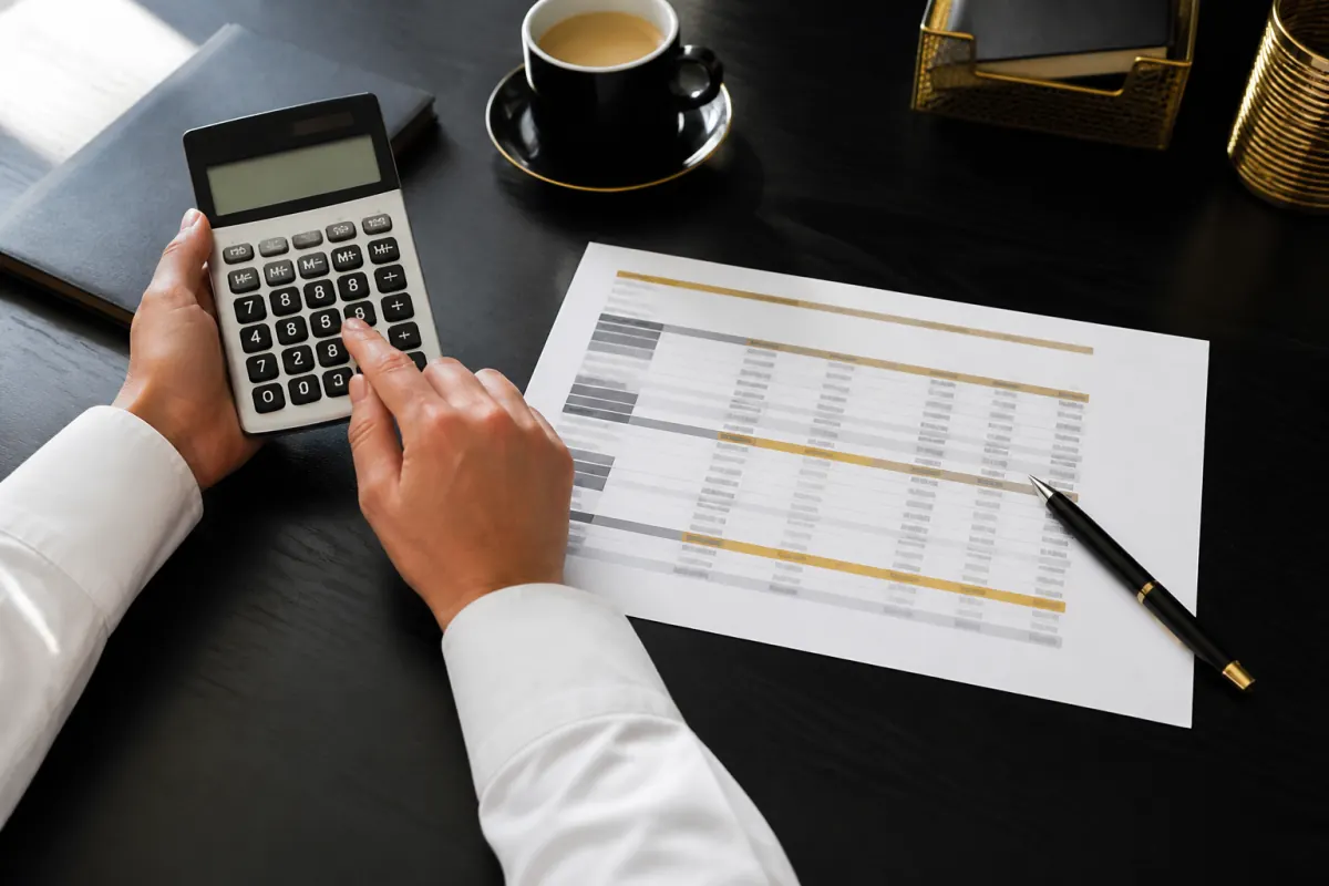 A marketer using a calculator to compare campaign revenue and cost