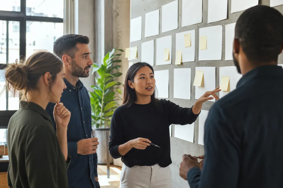 Marketing team organizing patterns from customer interview notes
