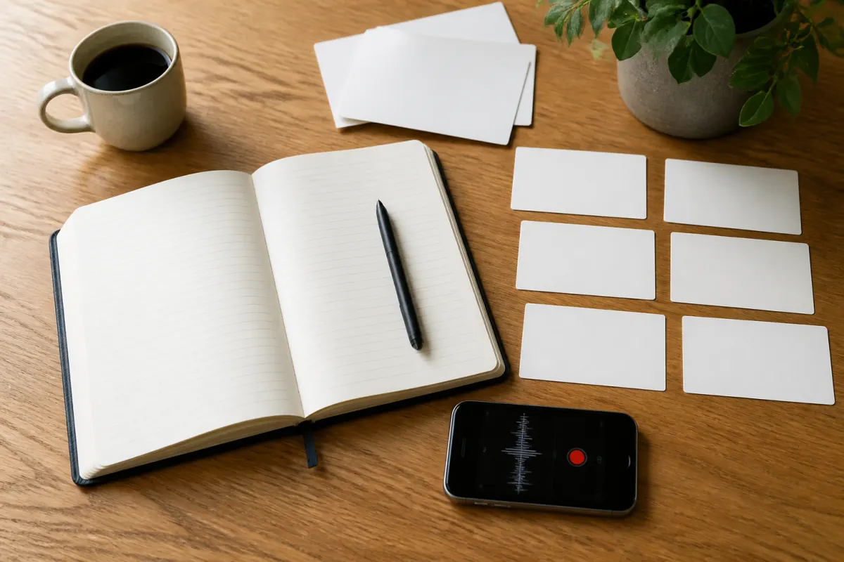 Customer interview planning materials arranged on a desk