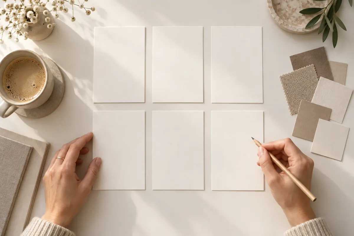 Blank six-frame storyboard on a desk for planning an Instagram Story