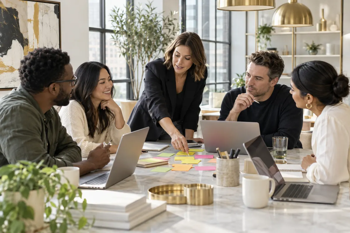 A client leader collaborating with a marketing agency team in a workshop