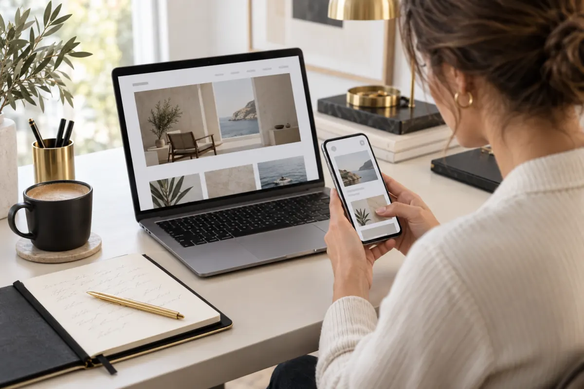 Marketer comparing a mobile webpage view with performance notes
