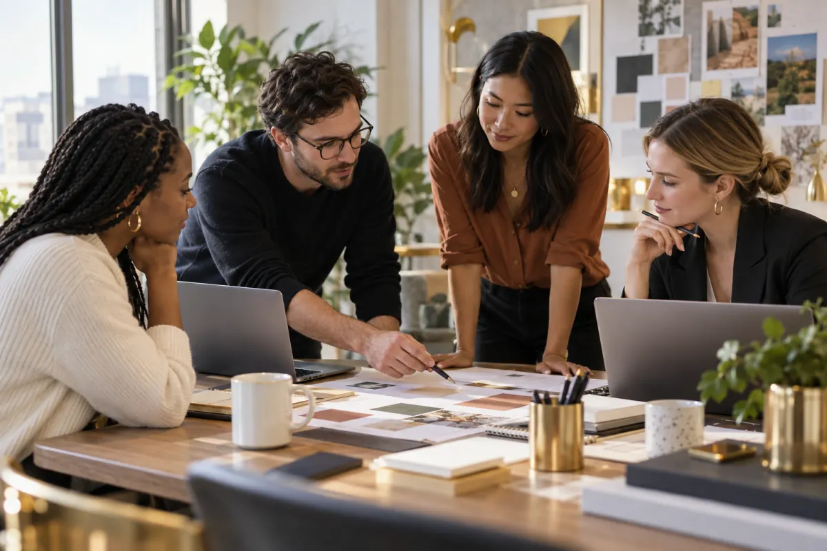 An internal marketing team planning work together at a conference table
