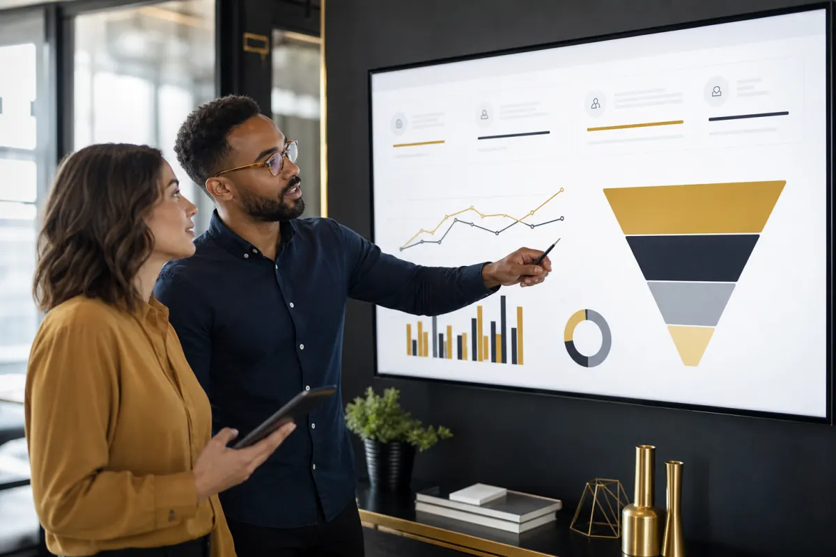 Marketing team reviewing lead generation dashboard performance