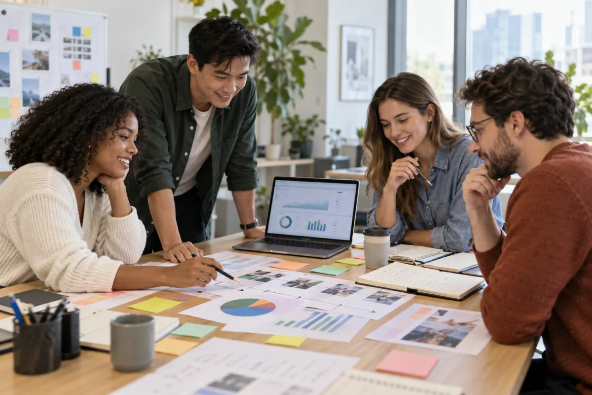 Marketing team reviewing a campaign plan