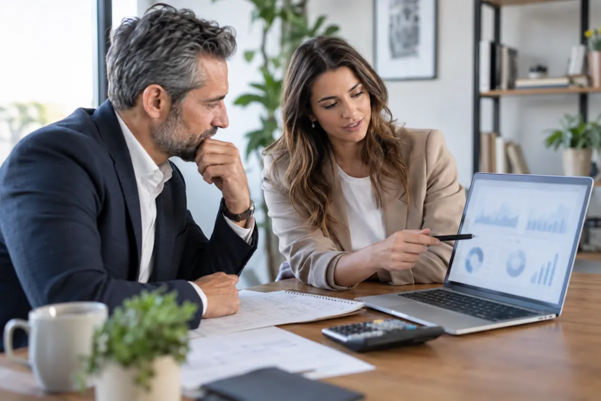 Business owner and SEO specialist reviewing monthly performance