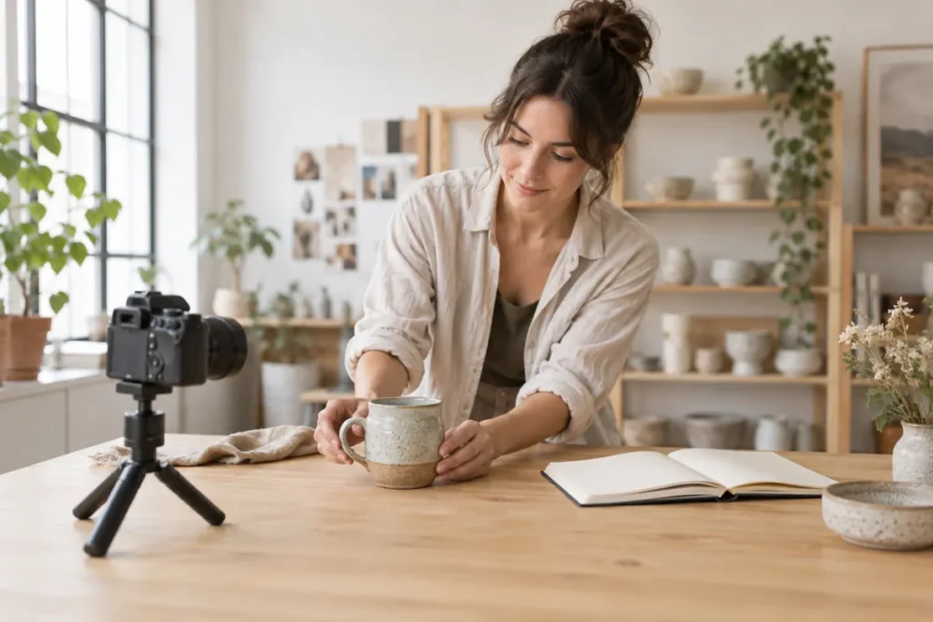Small business creator recording a ceramic mug tutorial