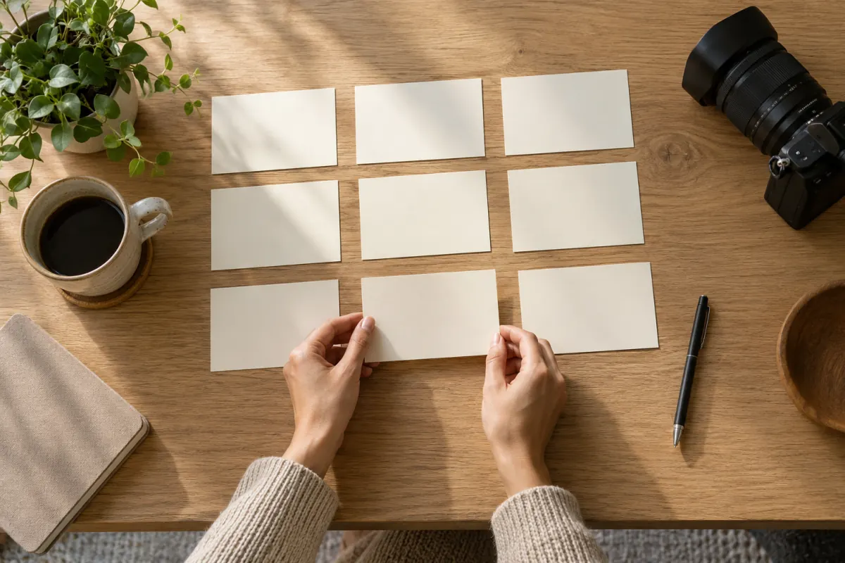 Blank planning cards arranged beside a camera for a business video