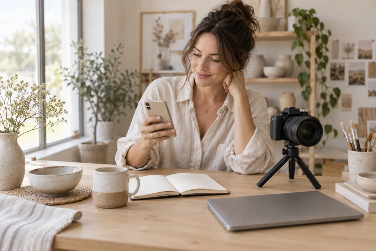 Creator checking a smartphone beside a camera at a filming desk